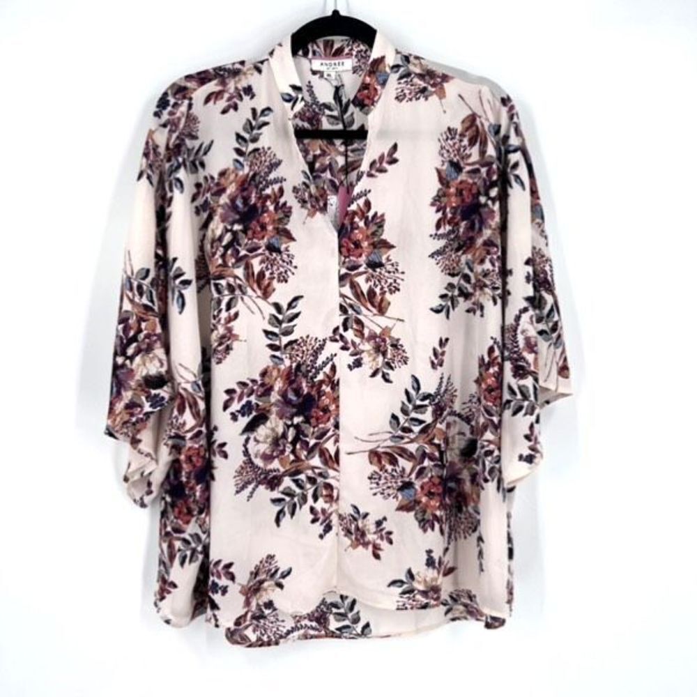 Andree by Unit Womens Floral Short Sleeve Top Blouse Brown Cream Size Medium NWT